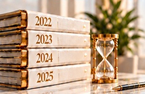Stack of claim binders labeled 2022 through 2025 beside an hourglass