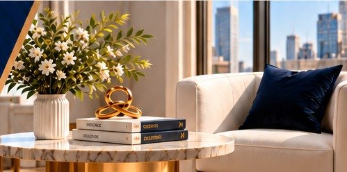 Living room seating area with a marble side table and a city view