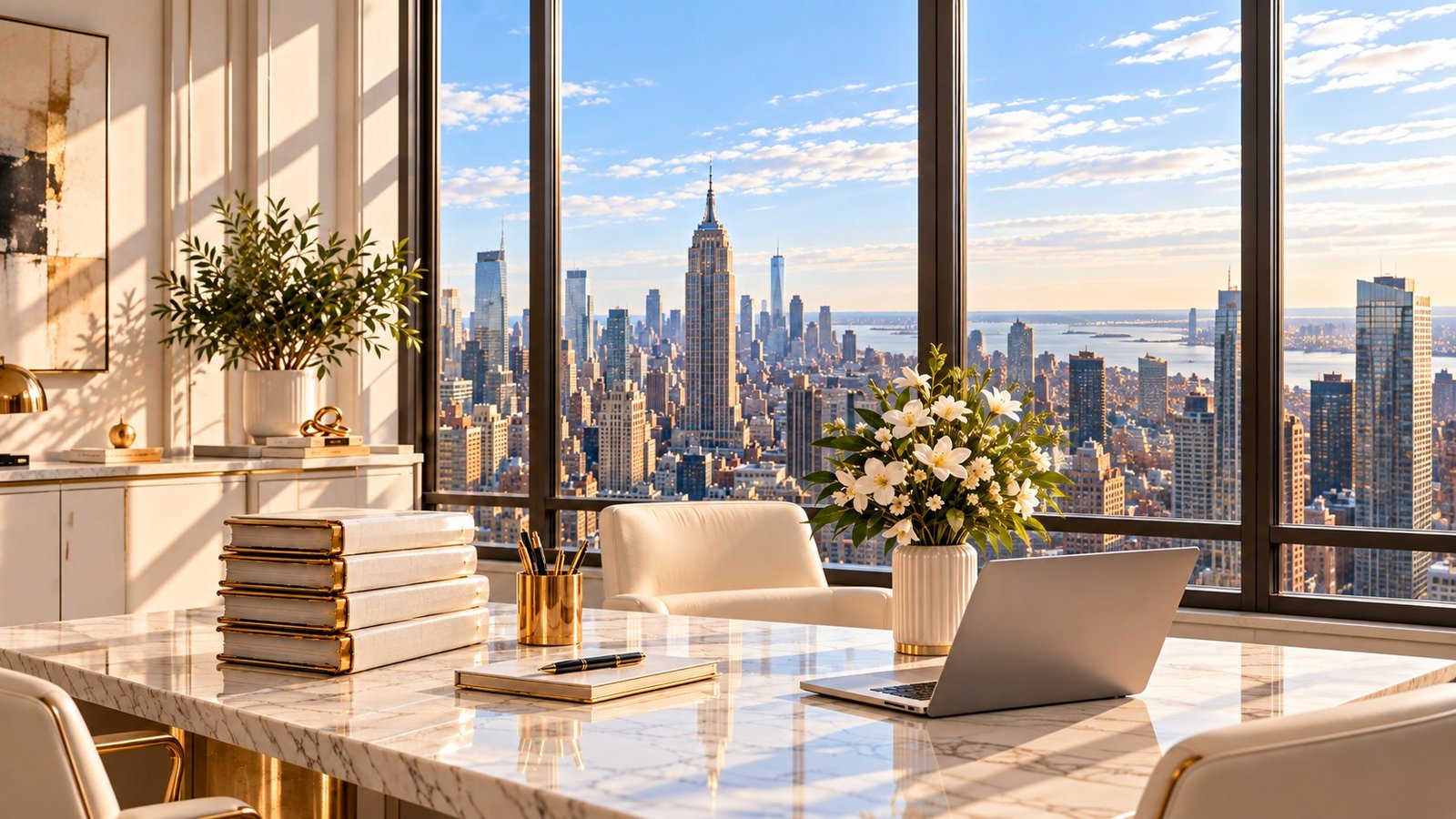 Sunlit Manhattan office overlooking the city skyline